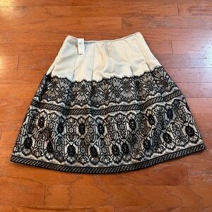 Ann Taylor Pleated A-line Taupe Satin Black Laced skirt size 10